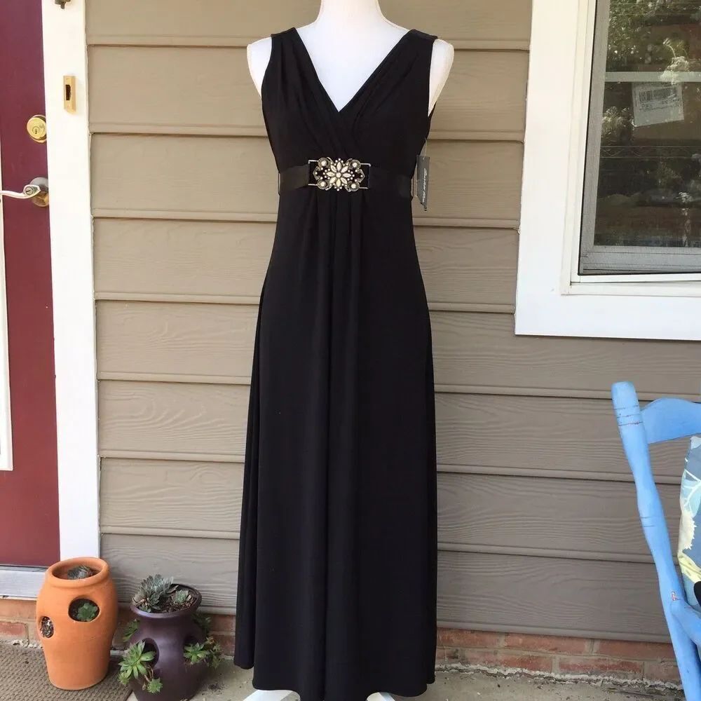 Scarlett Nite Black Y2K Babydoll Maxi Dress Beaded Ribbon Belt Size 8